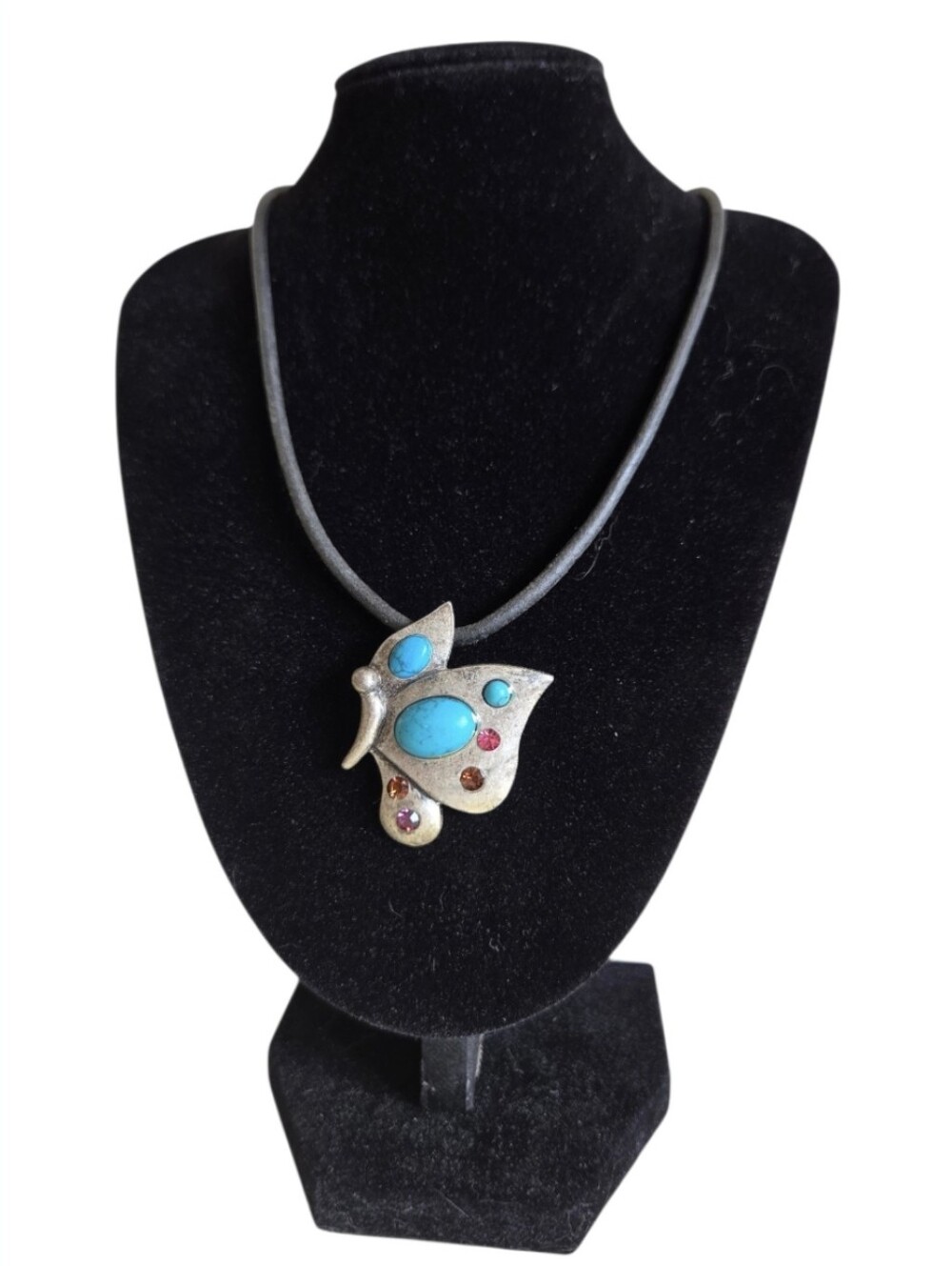 vintage faux turquoise butterfly pendant necklace rhinestone black cord choker